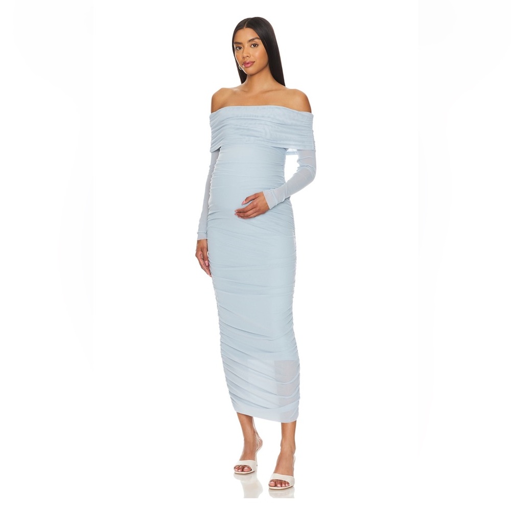 BUMPSUIT Maternity Off the Shoulder Mesh Dress in Dusty Blue